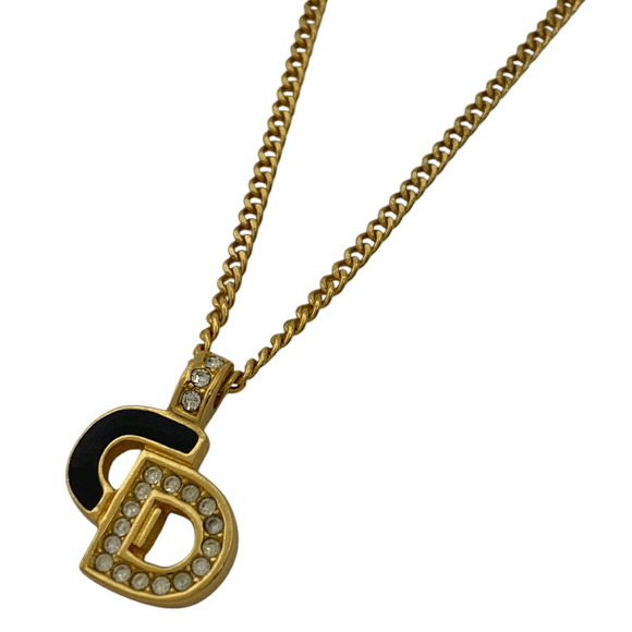 Christian Dior Logo Rhinestone Necklace CD Pendant GP Gold Black - Picture 1 of 4